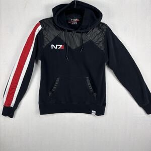 N7 Bioware Mass Effect Hoodie Pullover SMALL Black Gamer Cosplay Faux Leather